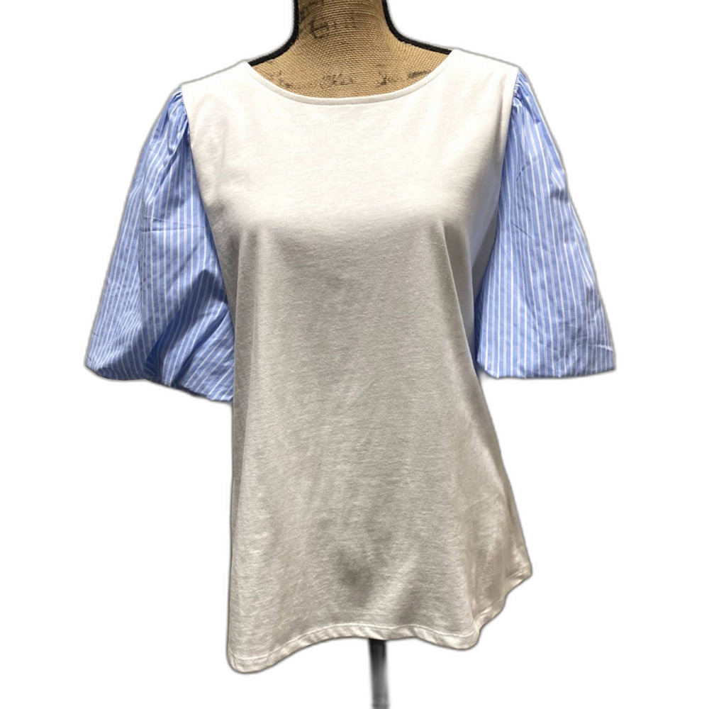 NWT Talbots White Blue Striped Mixed Media Puff Sleeve Top Coastal Poplin Large